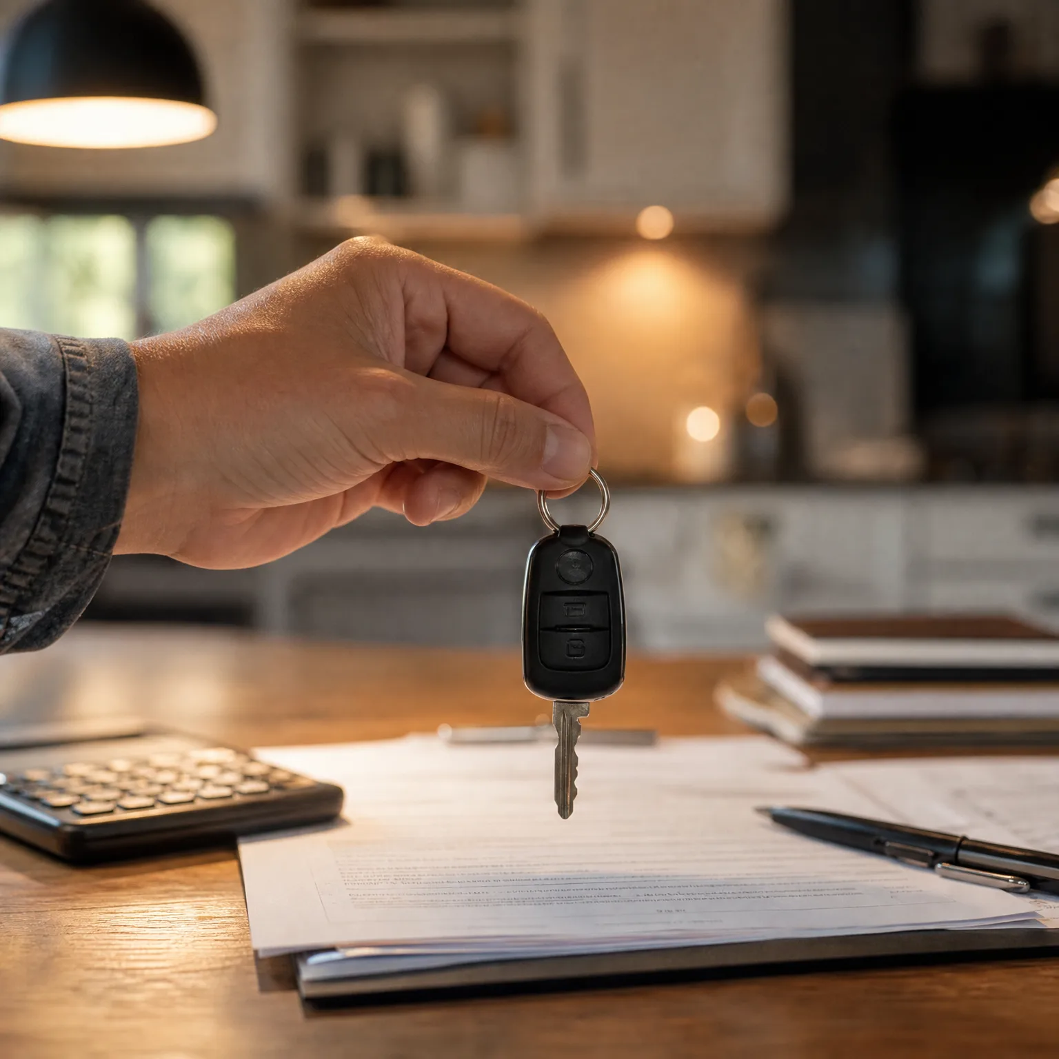 A hand holds a black flip car key above a wooden table with printed documents, a pen, a calculator and stacked folders, in front of a blurred kitchen interior.