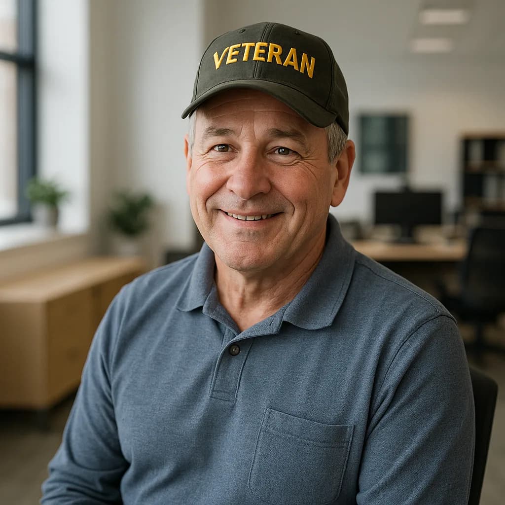 Smiling veteran wearing military cap and blue polo shirt in office setting